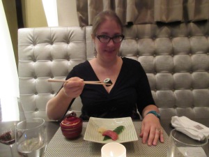 Yours truly enjoying her first (beef) sushi in Japan